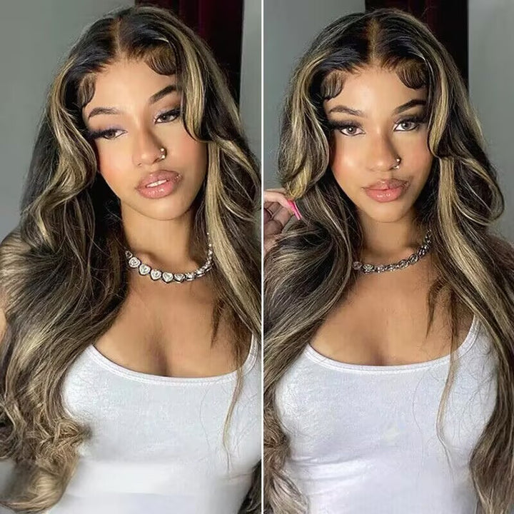 Peruca de Cabelo Humano Com Mechas Balayage e Ondas Suaves, Com Lace Transparente e Linha Capilar Natural