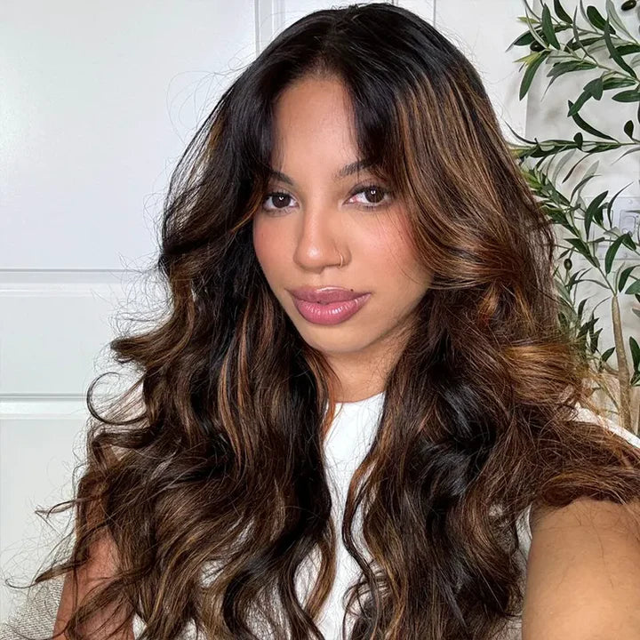 Peruca 360 Full Lace Sem Cola Cabelo Humano Virgem Ondulado Preto com Mechas Ajuste Invisível com Cordão, Fácil de Usar