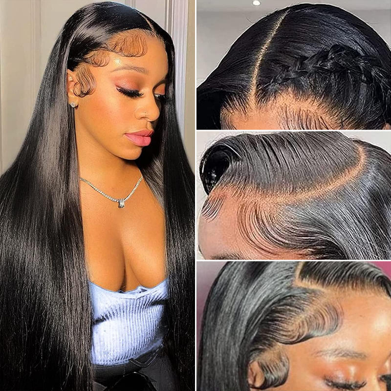 Peruca Frontal de Renda 360 Lisa Pré-Cortada e Sem Cola Com Faixa Invisível em Cabelo Humano e Linha Capilar Natural