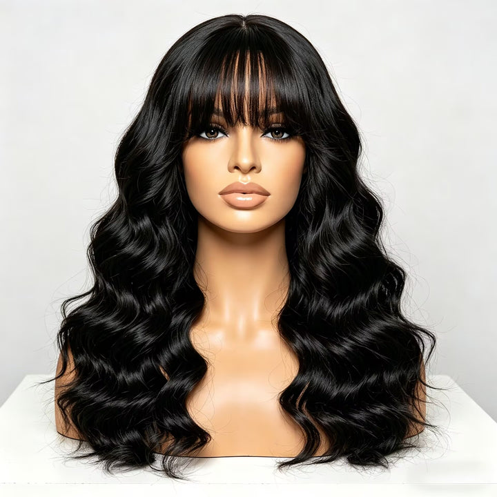 Peruca 70cm Cabelo Longo Cacheado Preto Névoa Suave com Franja Capuz Completo de Ondas de Água Descontraídas Visual de Atmosfera Fria Modelo Favorito