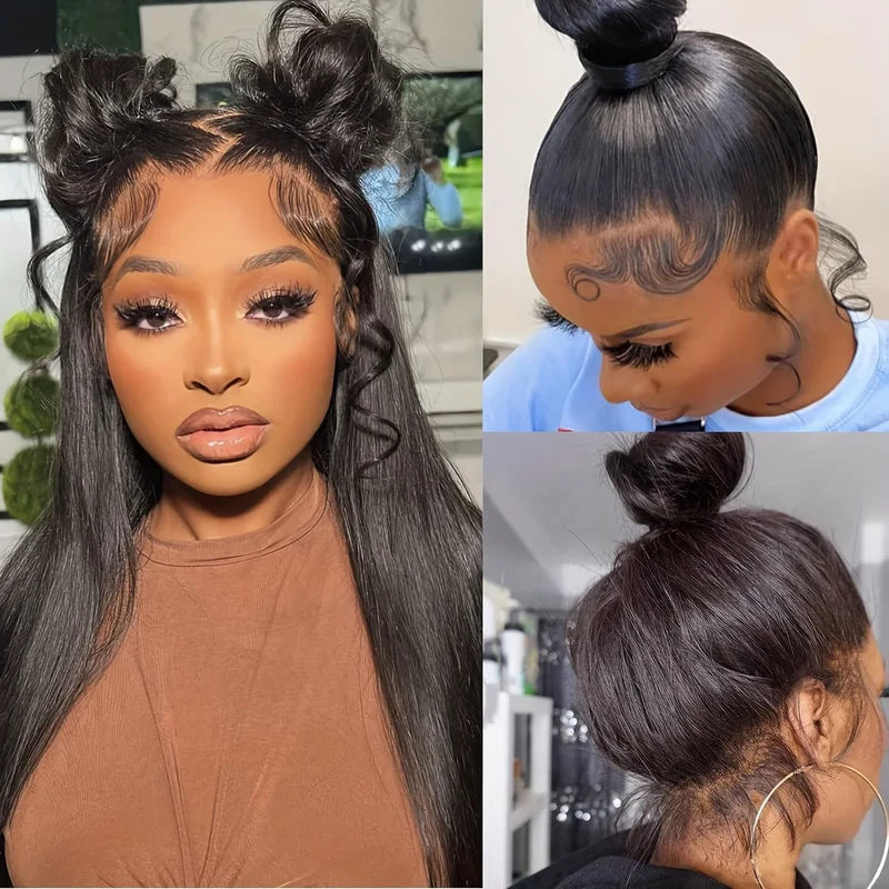 Peruca Frontal de Renda 360 Lisa Pré-Cortada e Sem Cola Com Faixa Invisível em Cabelo Humano e Linha Capilar Natural