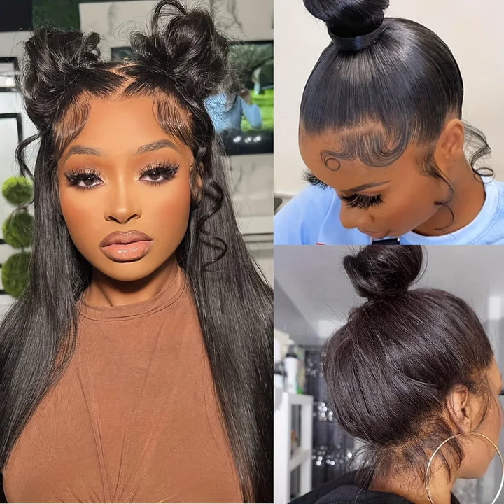 Peruca Frontal de Renda 360 Lisa Pré-Cortada e Sem Cola Com Faixa Invisível em Cabelo Humano e Linha Capilar Natural