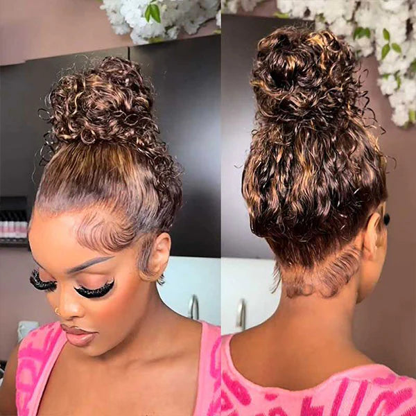 Peruca 360 Full Lace Sem Cola Cabelo Humano Virgem Ondulado Preto com Mechas Ajuste Invisível com Cordão, Fácil de Usar