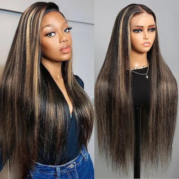 Peruca Lisa Com Mechas Balayage Frontal de Renda 13x4 Com Baby Hair