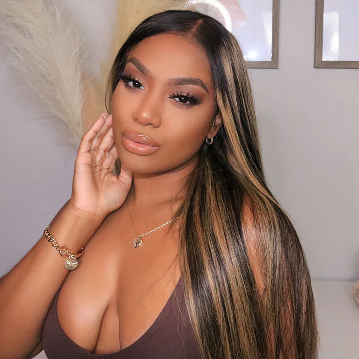 Peruca Lisa Com Mechas Balayage Frontal de Renda 13x4 Com Baby Hair