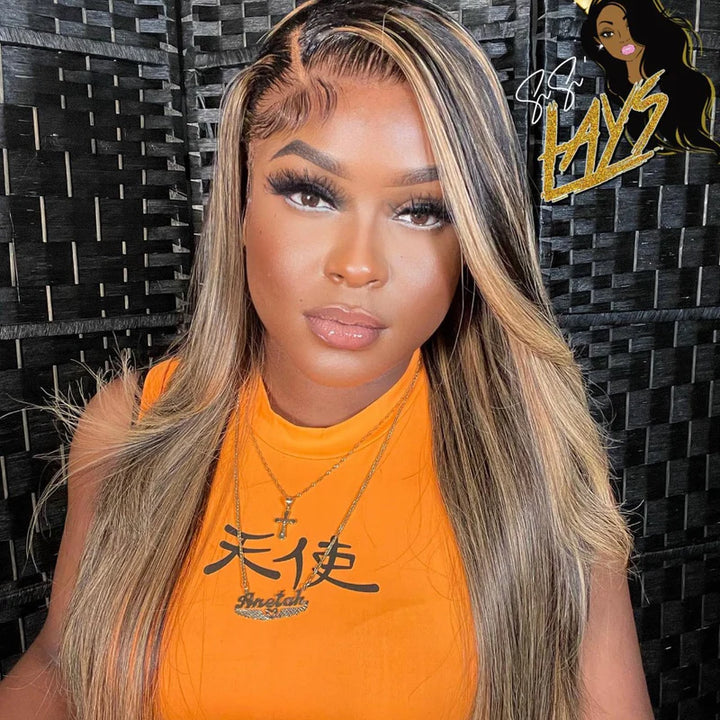 Peruca Lisa Com Mechas Balayage Frontal de Renda 13x4 Com Baby Hair