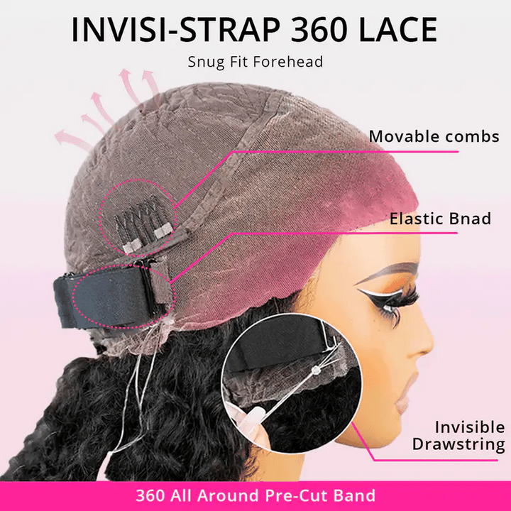 Peruca Frontal de Renda 360 Lisa Pré-Cortada e Sem Cola Com Faixa Invisível em Cabelo Humano e Linha Capilar Natural