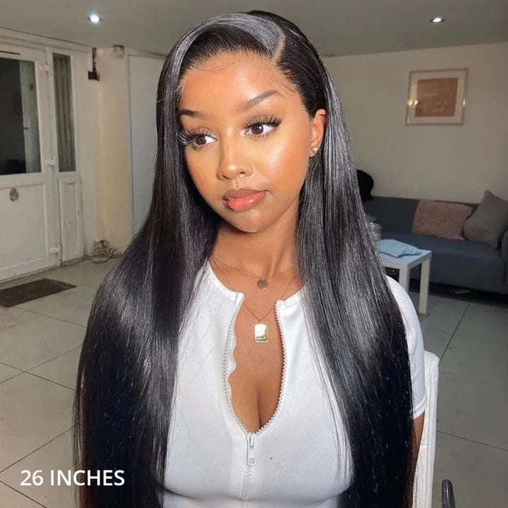 Peruca Frontal de Renda 360 Lisa Pré-Cortada e Sem Cola Com Faixa Invisível em Cabelo Humano e Linha Capilar Natural