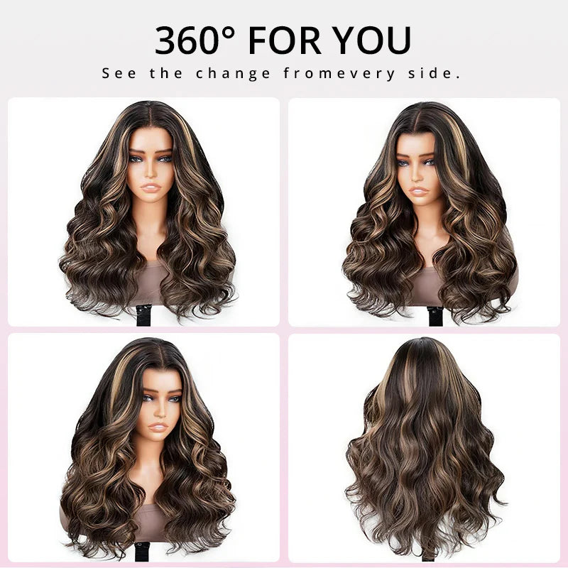 Peruca de Cabelo Humano Com Mechas Balayage e Ondas Suaves, Com Lace Transparente e Linha Capilar Natural