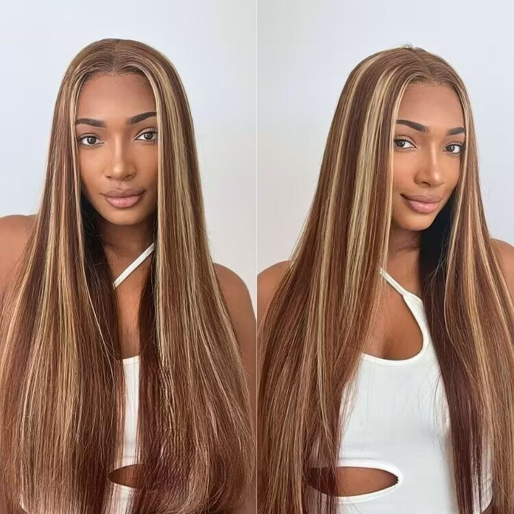 Peruca Longa Zlike Honey Blonde Com Mechas, Lisa e Com Tela HD 13x4