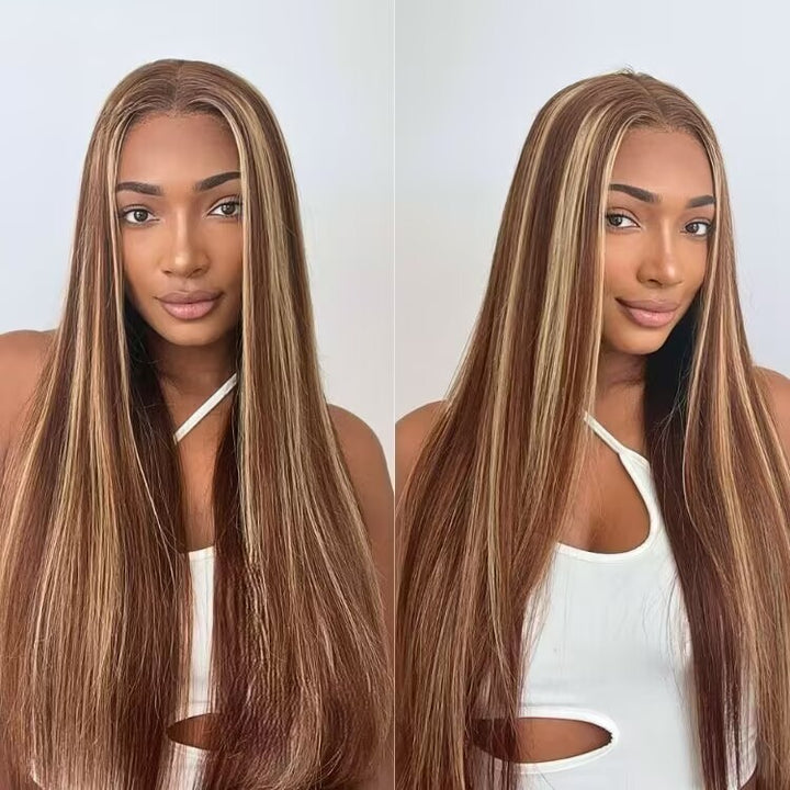 Peruca Longa Zlike Honey Blonde Com Mechas, Lisa e Com Tela HD 13x4