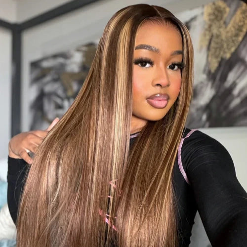 Peruca de Cabelo Humano Liso Com Mechas Castanhas Pré-Tingimento Com Alça Invisível e Frontal de Renda 360