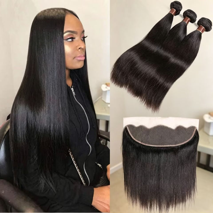Cabelo Humano Liso 3 Maços com Lace Frontal 13x4 Preto Natural