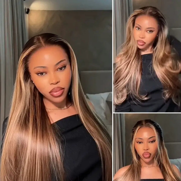 Peruca de Cabelo Humano Liso Com Mechas Castanhas Pré-Tingimento Com Alça Invisível e Frontal de Renda 360