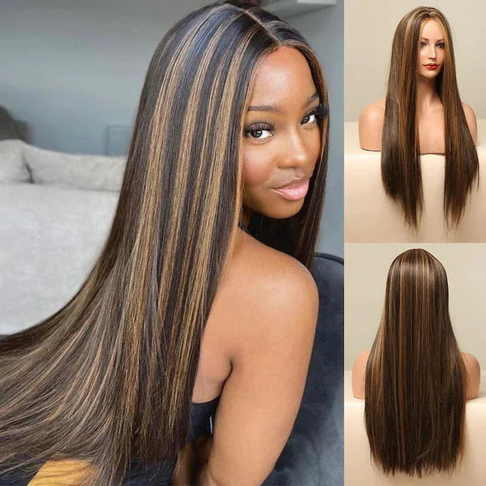 Peruca Lisa Com Mechas Balayage Frontal de Renda 13x4 Com Baby Hair