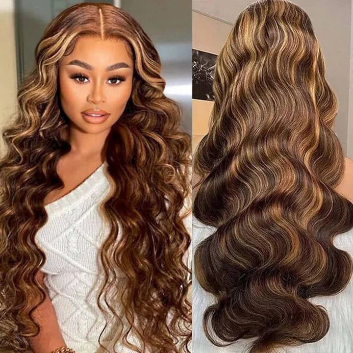 Peruca P4/613 Com Mechas Loiras e Frente de Renda, Densidade de 180% Cabelo Humano