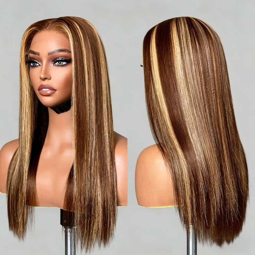 Peruca Longa Zlike Honey Blonde Com Mechas, Lisa e Com Tela HD 13x4