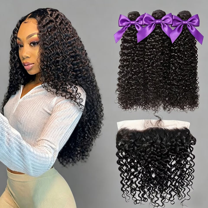 Cabelo Virgem Jerry Curly Grau 12A 3 Maços com Frontal de Cabelo Humano