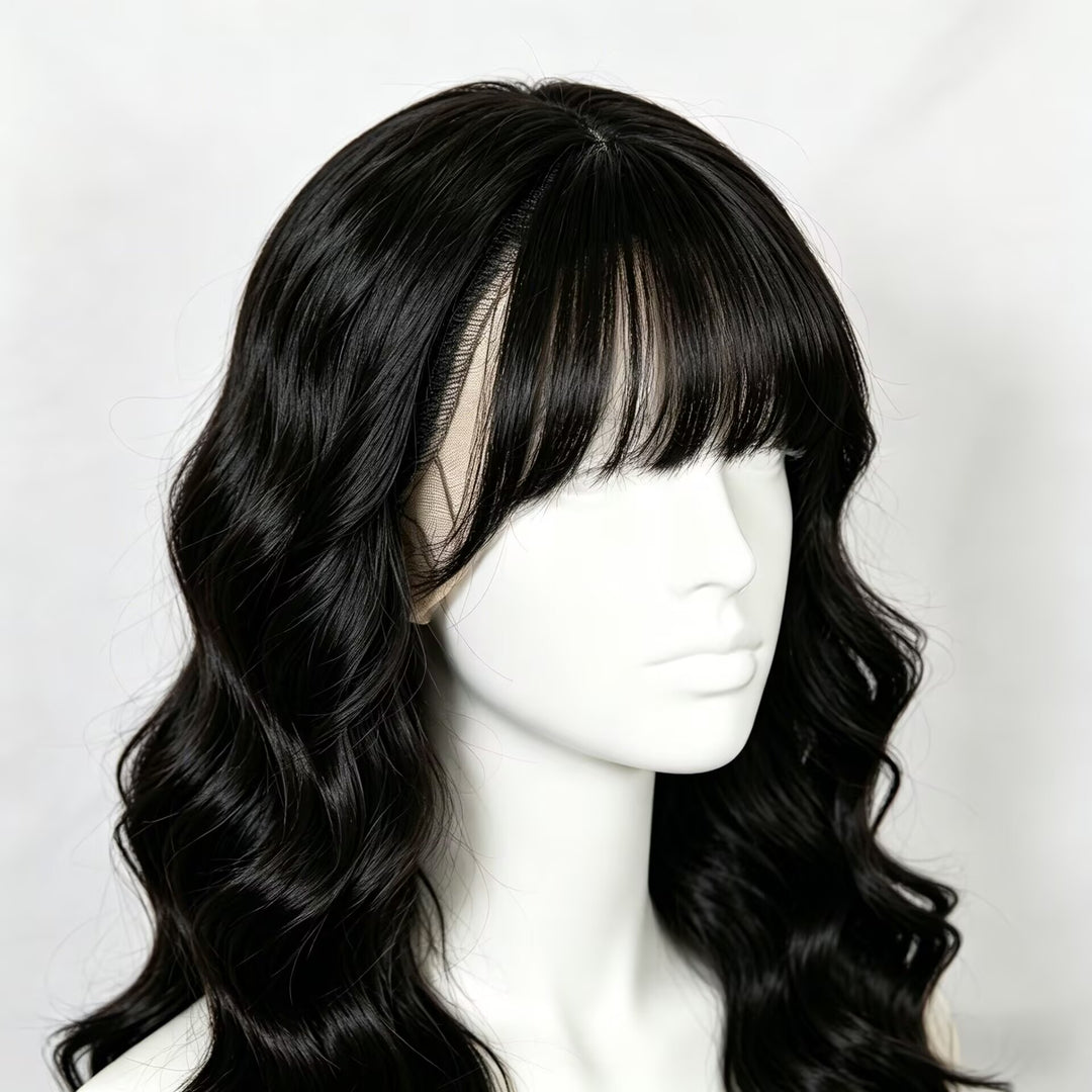 Peruca 70cm Cabelo Longo Cacheado Preto Névoa Suave com Franja Capuz Completo de Ondas de Água Descontraídas Visual de Atmosfera Fria Modelo Favorito