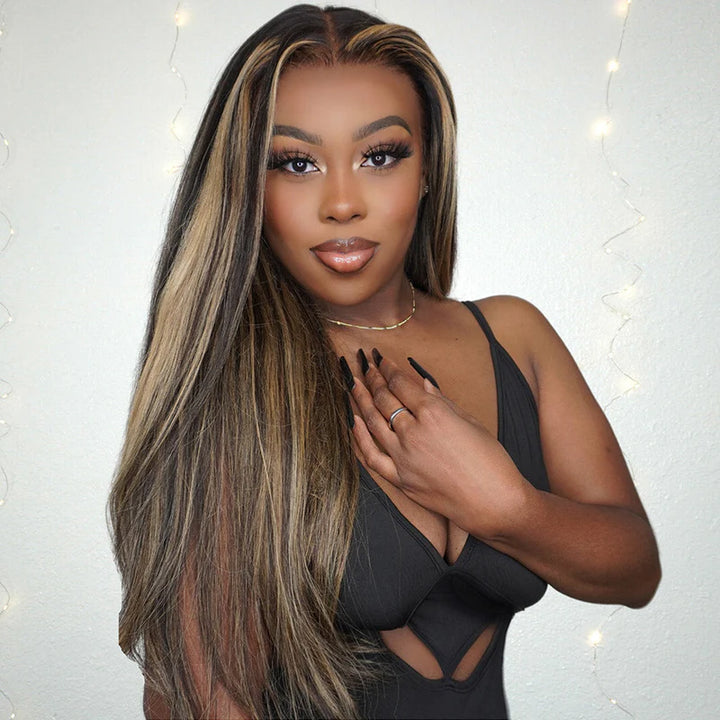 Peruca Lisa Com Mechas Balayage Frontal de Renda 13x4 Com Baby Hair