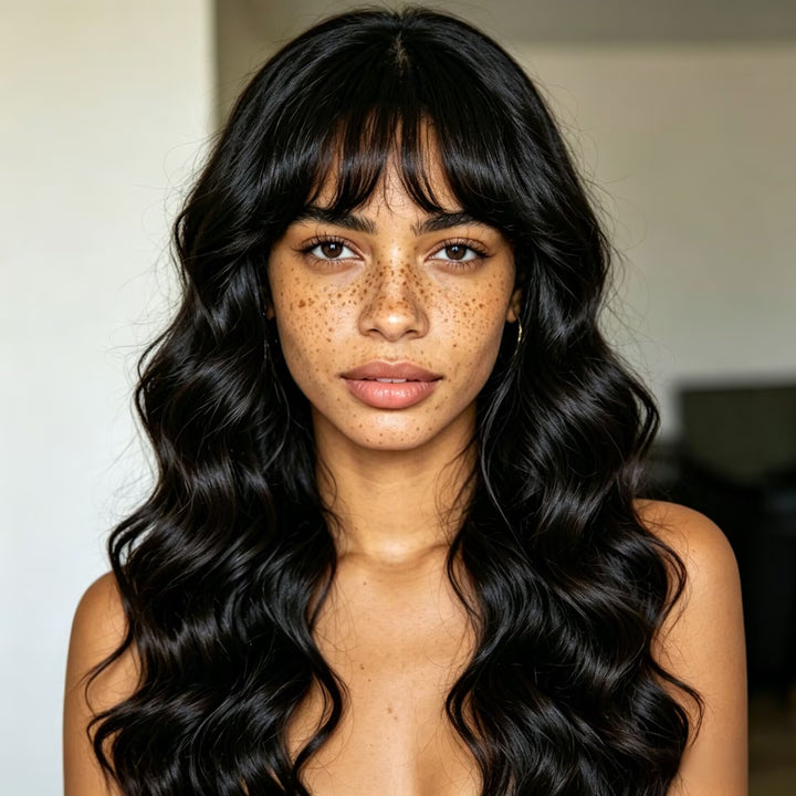 Peruca 70cm Cabelo Longo Cacheado Preto Névoa Suave com Franja Capuz Completo de Ondas de Água Descontraídas Visual de Atmosfera Fria Modelo Favorito