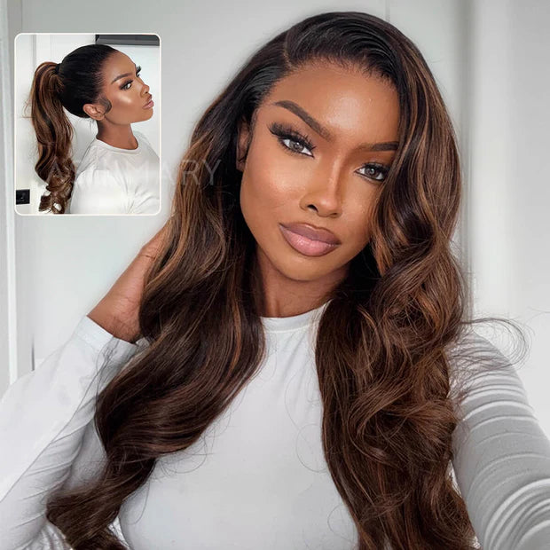 Peruca 360 Full Lace Sem Cola Cabelo Humano Virgem Ondulado Preto com Mechas Ajuste Invisível com Cordão, Fácil de Usar