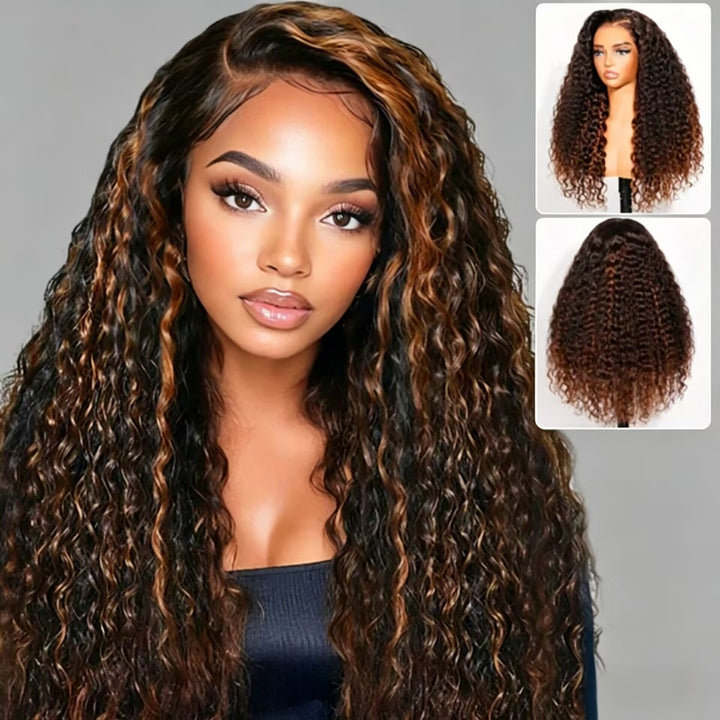 Peruca 360 Lace Cacheada Ombré Castanho-Avelã Com Cordão de Ajuste (Ideal para Iniciantes