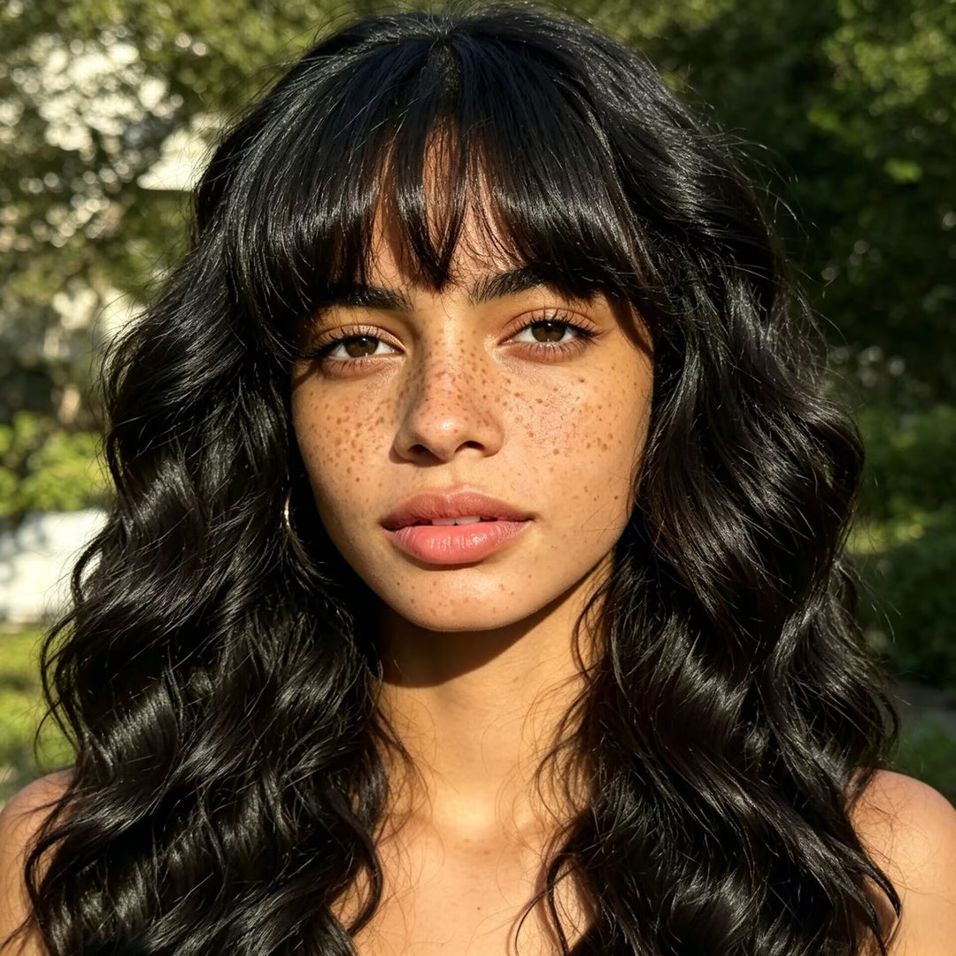 Peruca 70cm Cabelo Longo Cacheado Preto Névoa Suave com Franja Capuz Completo de Ondas de Água Descontraídas Visual de Atmosfera Fria Modelo Favorito