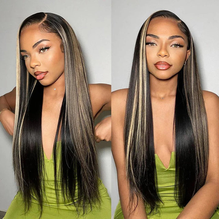 Peruca Lisa Com Mechas Balayage Frontal de Renda 13x4 Com Baby Hair