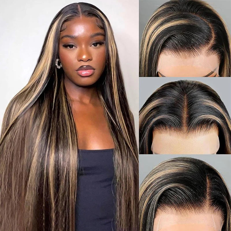Peruca Lisa Com Mechas Balayage Frontal de Renda 13x4 Com Baby Hair