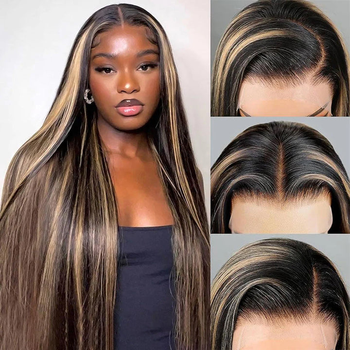 Peruca Lisa Com Mechas Balayage Frontal de Renda 13x4 Com Baby Hair