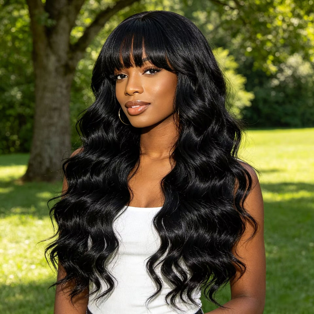 Peruca 70cm Cabelo Longo Cacheado Preto Névoa Suave Com Franja - Capuz Completo de Ondas de Água Descontraída