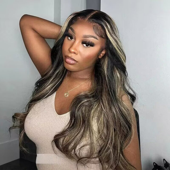 Peruca de Cabelo Humano Com Mechas Balayage e Ondas Suaves, Com Lace Transparente e Linha Capilar Natural