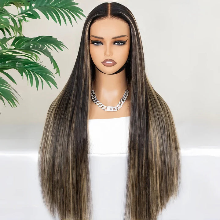 Peruca Lisa Com Mechas Balayage Frontal de Renda 13x4 Com Baby Hair