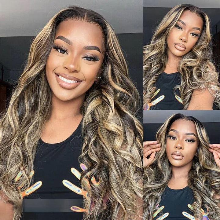 Peruca de Cabelo Humano Com Mechas Balayage e Ondas Suaves, Com Lace Transparente e Linha Capilar Natural