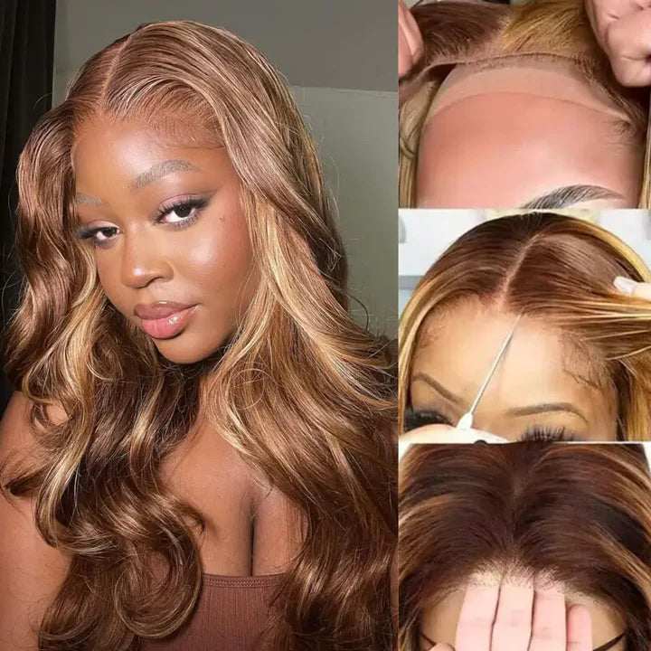 Peruca P4/613 Com Mechas Loiras e Frente de Renda, Densidade de 180% Cabelo Humano