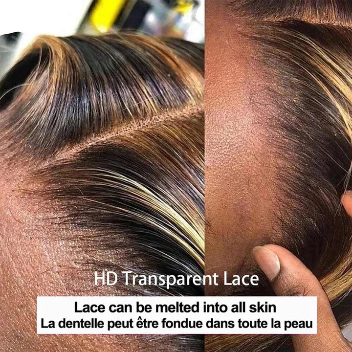 Peruca 360 Full Lace Sem Cola Cabelo Humano Virgem Ondulado Preto com Mechas Ajuste Invisível com Cordão, Fácil de Usar