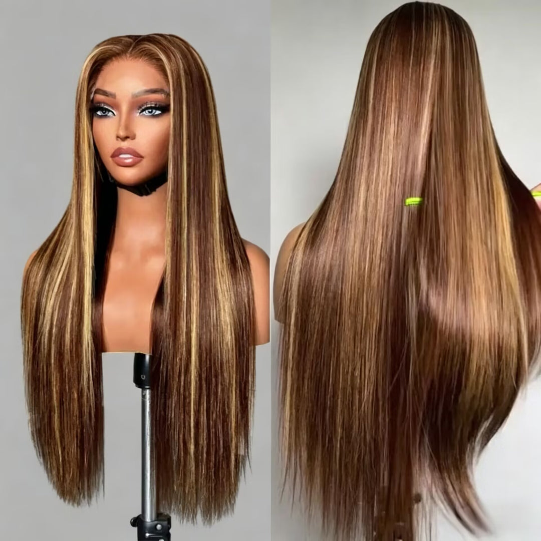Peruca Longa Zlike Honey Blonde Com Mechas, Lisa e Com Tela HD 13x4