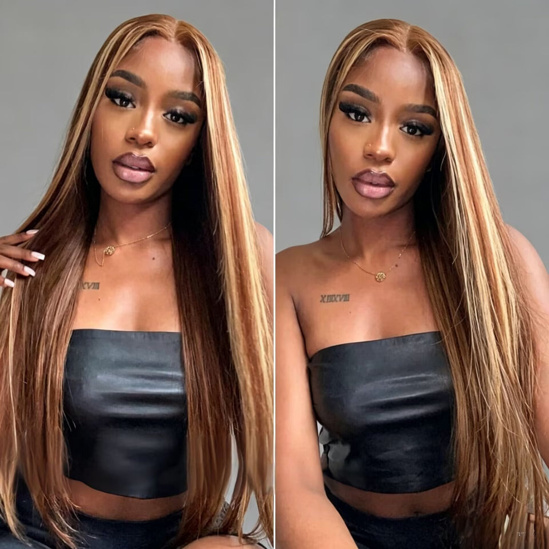 Peruca Longa Zlike Honey Blonde Com Mechas, Lisa e Com Tela HD 13x4