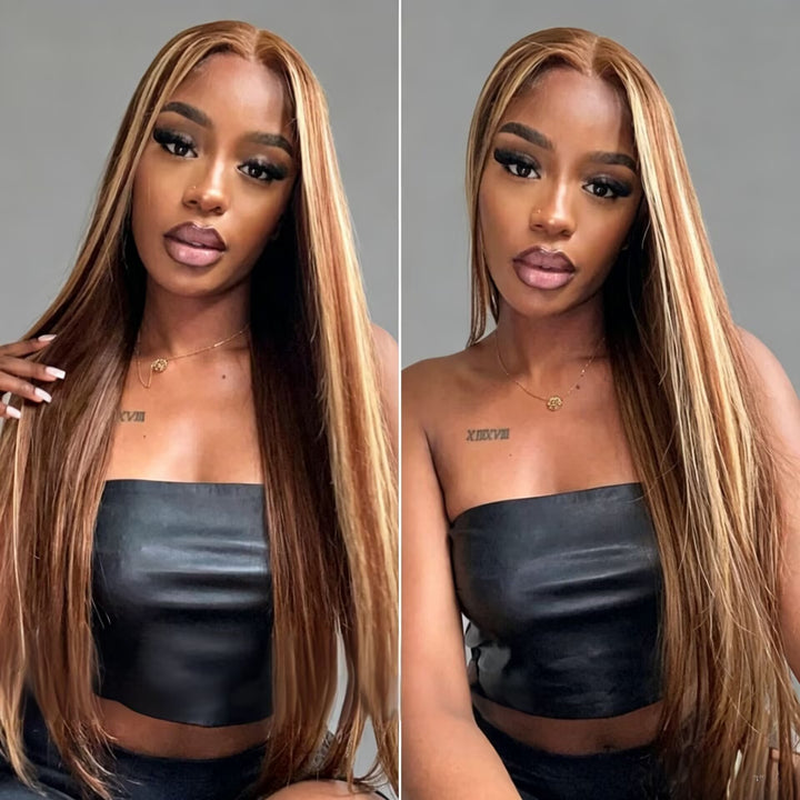 Peruca Longa Zlike Honey Blonde Com Mechas, Lisa e Com Tela HD 13x4