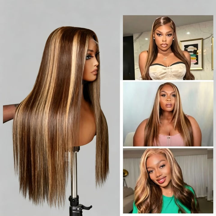 Peruca Longa Zlike Honey Blonde Com Mechas, Lisa e Com Tela HD 13x4