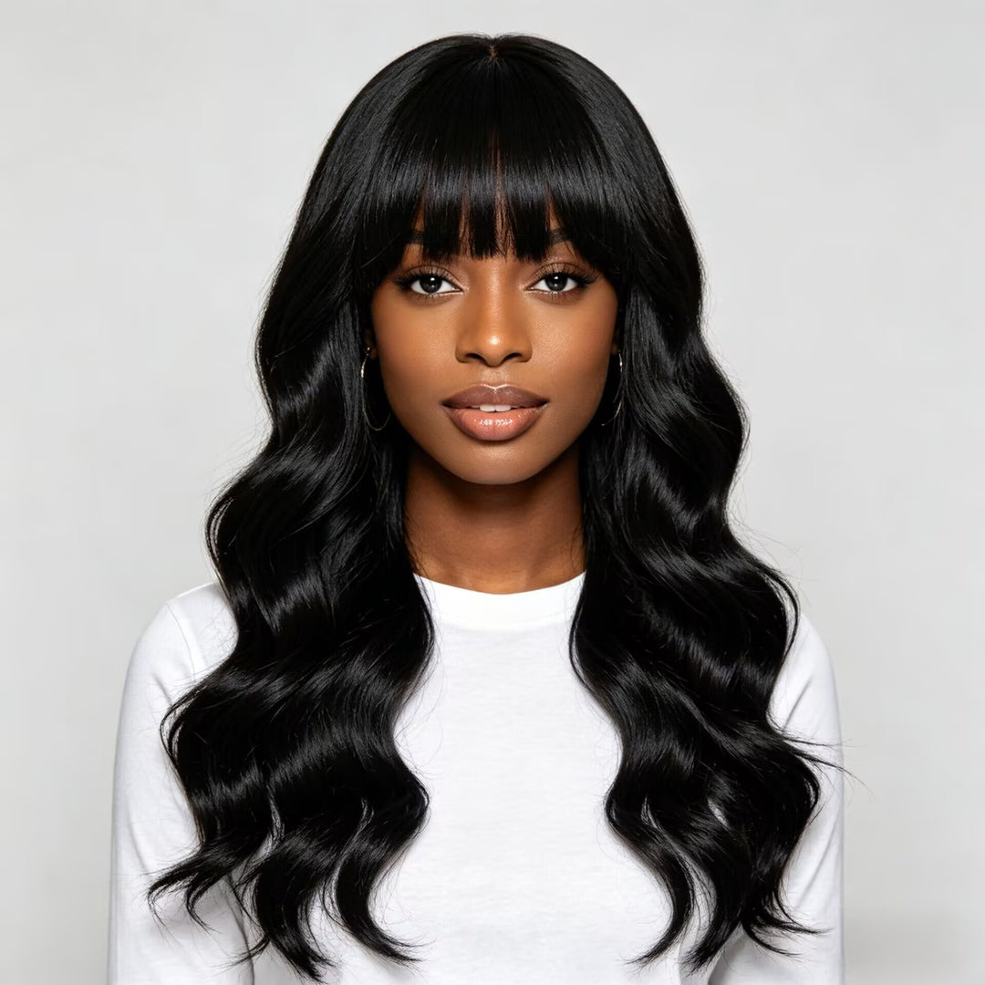 Peruca 70cm Cabelo Longo Cacheado Preto Névoa Suave com Franja Capuz Completo de Ondas de Água Descontraídas Visual de Atmosfera Fria Modelo Favorito