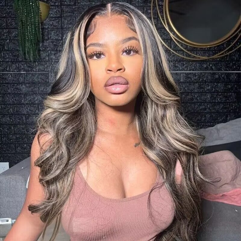 Peruca de Cabelo Humano Com Mechas Balayage e Ondas Suaves, Com Lace Transparente e Linha Capilar Natural