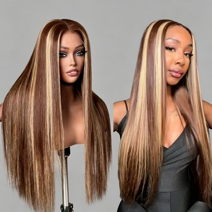 Peruca Longa Zlike Honey Blonde Com Mechas, Lisa e Com Tela HD 13x4
