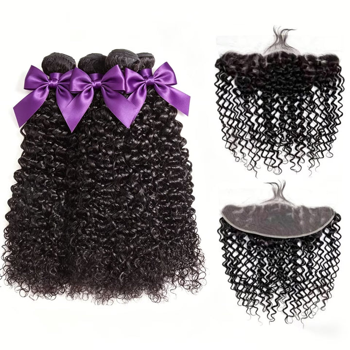Cabelo Virgem Jerry Curly Grau 12A 3 Maços com Frontal de Cabelo Humano