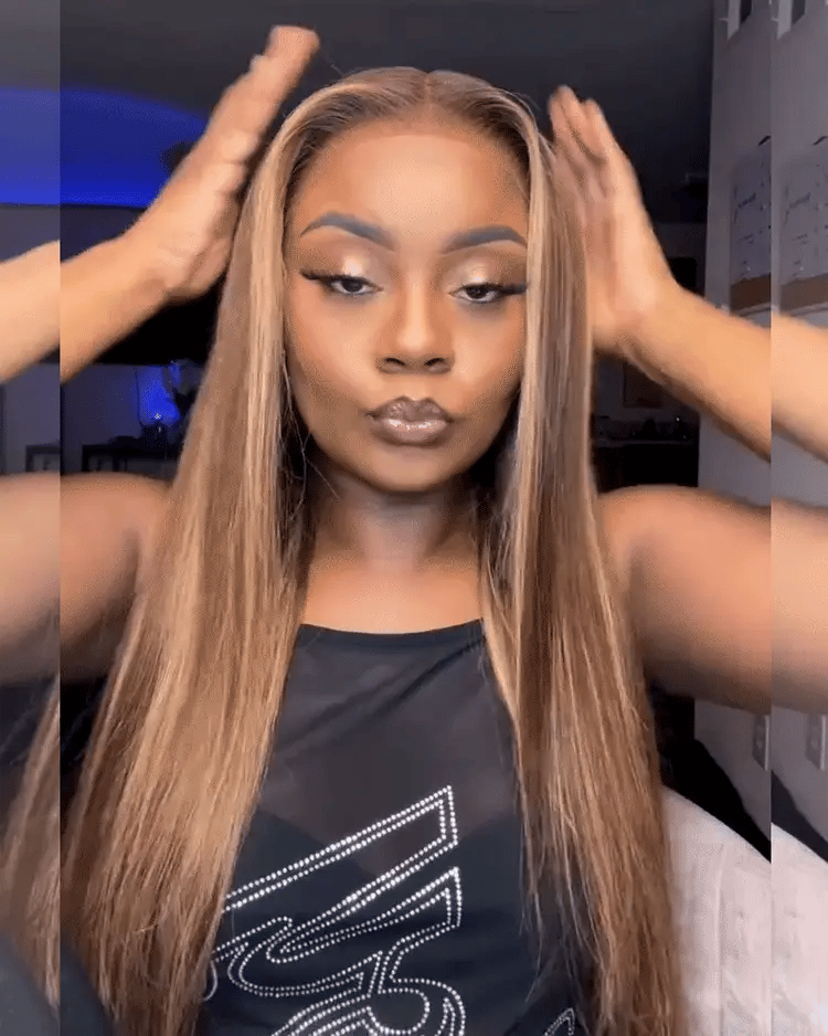 Peruca de Cabelo Humano Liso Com Mechas Castanhas Pré-Tingimento Com Alça Invisível e Frontal de Renda 360