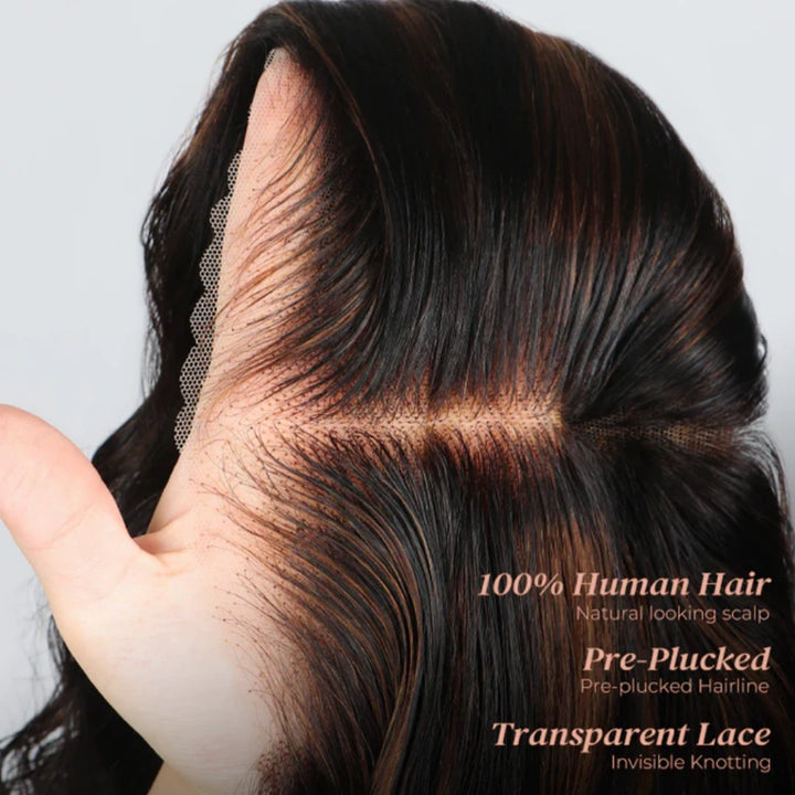 Peruca 360 Full Lace Sem Cola Cabelo Humano Virgem Ondulado Preto com Mechas Ajuste Invisível com Cordão, Fácil de Usar