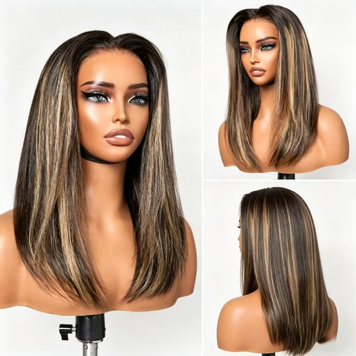 Peruca Longa Com Mechas Loiras, Lisa e Sedosa, Com Frontal de Renda 13x4, Sem Cola e Pré-Cortada