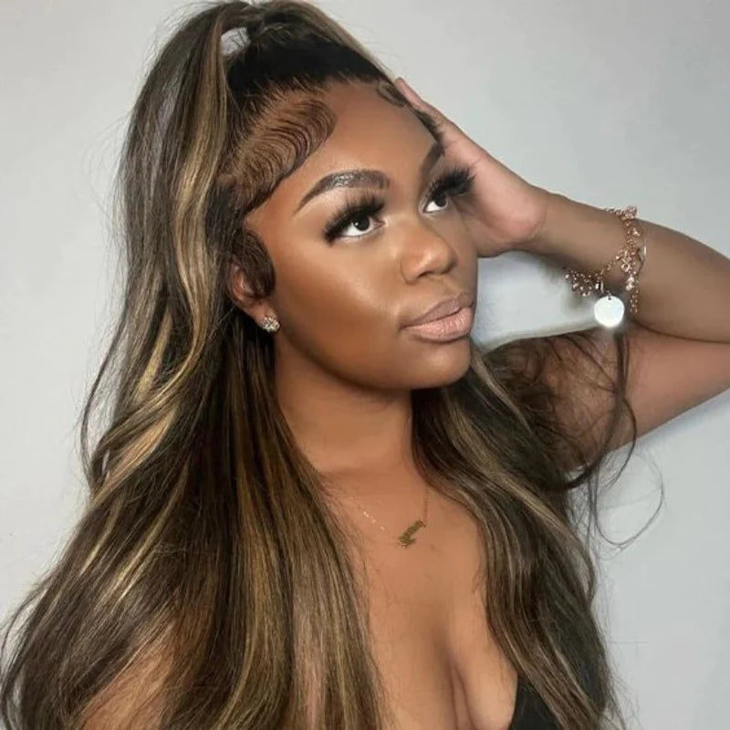 Peruca 360 Full Lace Sem Cola Cabelo Humano Virgem Ondulado Preto com Mechas Ajuste Invisível com Cordão, Fácil de Usar