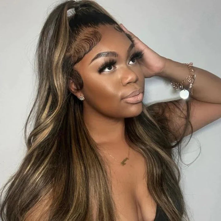Peruca 360 Full Lace Sem Cola Cabelo Humano Virgem Ondulado Preto com Mechas Ajuste Invisível com Cordão, Fácil de Usar